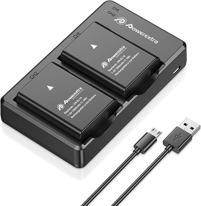 2 x EN-EL14 / EN-EL14a Battery & Dual LED Charger Compatible with D3100, D3200, D3300, D3400, D3500, D5100, D5200, D5300, D5500, D5600, Df, Coolpix P7000, P7100, P7700, P7800