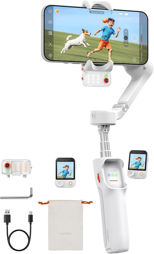 Hohem iSteady V3 Ultra Gimbal Stabilizer for Smartphone, AI Tracking Phone Gimbal, 1.22" Touchscreen Detachable Remote Control, Built-in Extension Rod & Tripod, 360° Infinite Pan, Vlog Filming, White