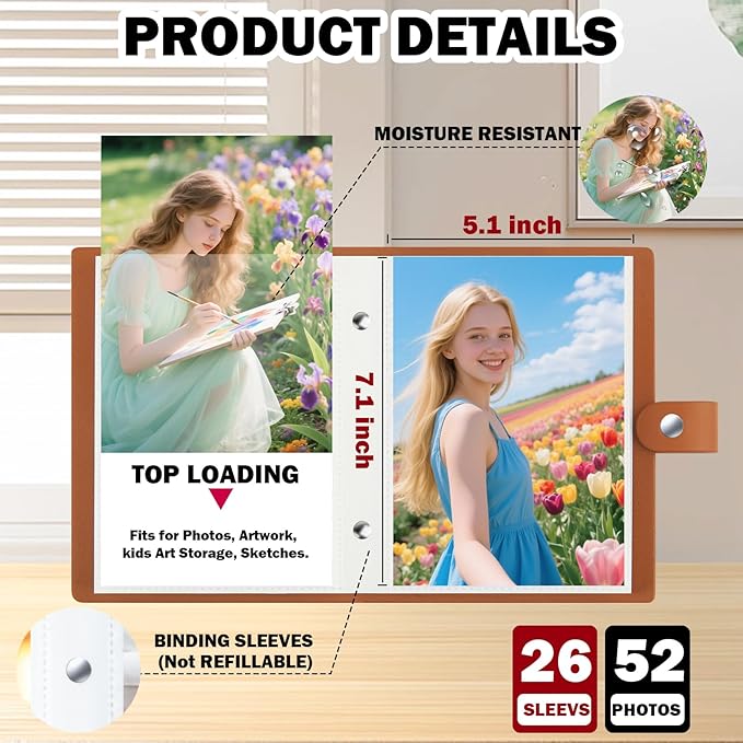 2 Pack Small Photo Album 5x7 Holds 52 Pictures Leather Cover 5 x 7 Album Mini Picture Book Acid Free Inner Pages Portable Albums Book for Wedding Family Boys Girls Art Work(Brown)