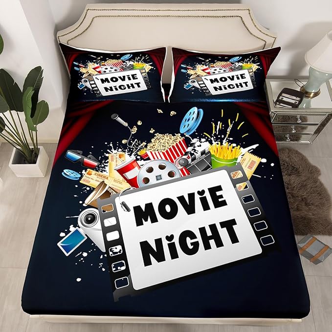 Erosebridal Movie Bed Sheets Set Twin Size for Boys Girls Family Home Theater Decor Sheet Set Movie Lover Theater Theme Bedding Sets Retro Vintage Film Themed Fitted Sheet 3 Pcs