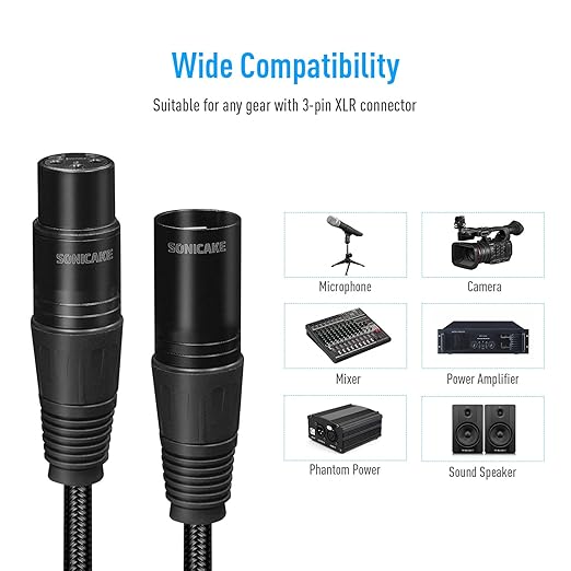 SONICAKE XLR Microphone Cable Male to Female 3 Pin Nylon Braided for Studio Recording and Live Production 6 Feet/2M, Black