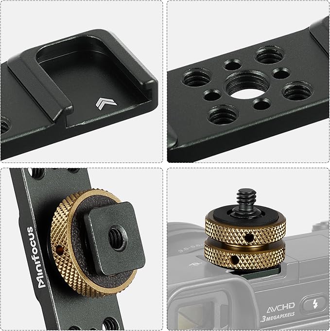 MINIFOCUS Triple Cold Shoe Extension Bar Mount, Aluminum Alloy Hot Shoe Mount Bracket with 1/4" Thread Holes for DSLR Camera Microphone Tripod LED Video Light Flashlight