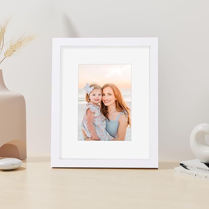 Vittanly 8x10 Picture Frame, Made of Solid Wood and Shatterproof Plexiglass, Display Pictures 5x7 with Mat or 8x10 without Mat, Wooden Photo Frame for Wall Mounting or Tabletop Display, White, 1 Pack