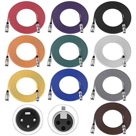 XLR Cables 10 ft 10 Pack, DMX 3-Pin XLR Microphone Male to Female Cable, Compatible with Microphones, Stage Light DMX Cable, Mic Mixer, Speakers and More, Multi-Color 10 Feet