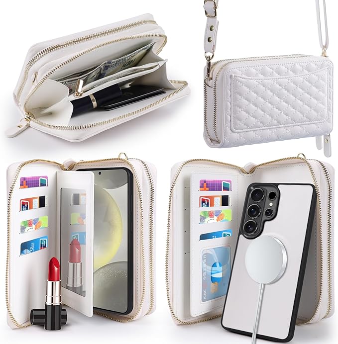 Harryshell Compatible with Samsung Galaxy S26 Ultra Case Wallet Multi Zipper Detachable Removable Cover Purse with Card Slots Holder Mirror Crossbody Strap (Compatible with Magsafe - White)