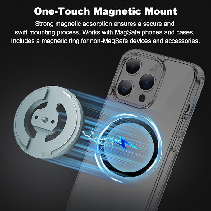 cametv Magnetic Phone Tripod Mount Adapter with 1/4" Screw Holes & Cold Shoe, Aluminum Magnetic Tripod Mount Compatible with iPhone 16/15/14/13/12 Pro Max, Magsafe Case, Selfie Stick (74004)