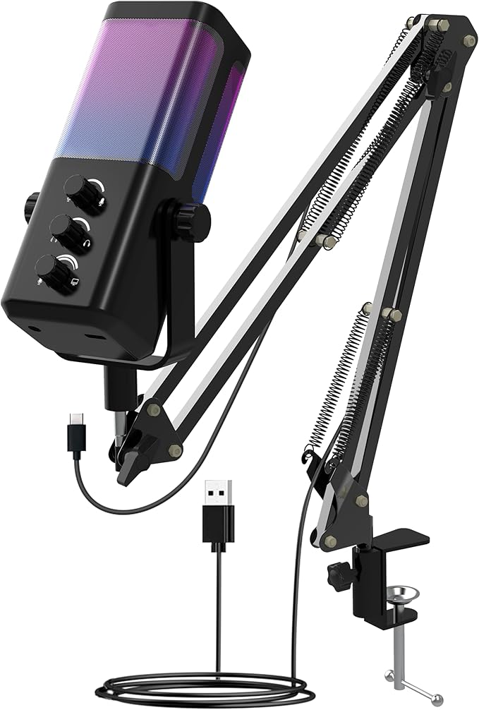 USB Gaming Microphone with Boom Arm - Professional RGB Condenser Mic for PC/PS5 - Triple-Knob Control (Mic Gain, Headphone Vol, Monitor Mix) - Zero Latency Streaming Kit