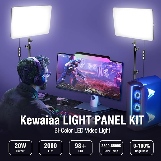 2-Pack LED Video Light Kit with 63'' Tripod Stand, 2500K-8500K Dimmable Studio Light Photography Panel Lighting for Video Recording Game Live Streaming Podcast YouTube Filming, Phone Holder