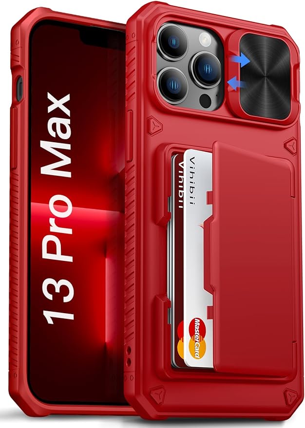 Vihibii for iPhone 13 Pro Max/iPhone 12 Pro Max Case with Card Holder (4 Cards), [RFID Blocking] & Slide Camera Cover & Raised Edges Protect Screen, Heavy Duty Shockproof Wallet Phone Cover, Red