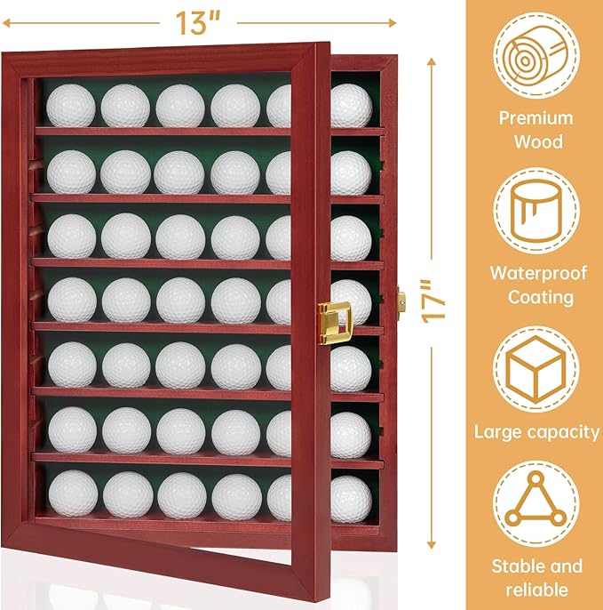 Golf Ball Display Case, Solid Wood Golf Ball Holder, Wall Mounted Golf Ball Rack with Acrylic Door for Golf Enthusiasts (Mahogany, for 42 Golf Balls)