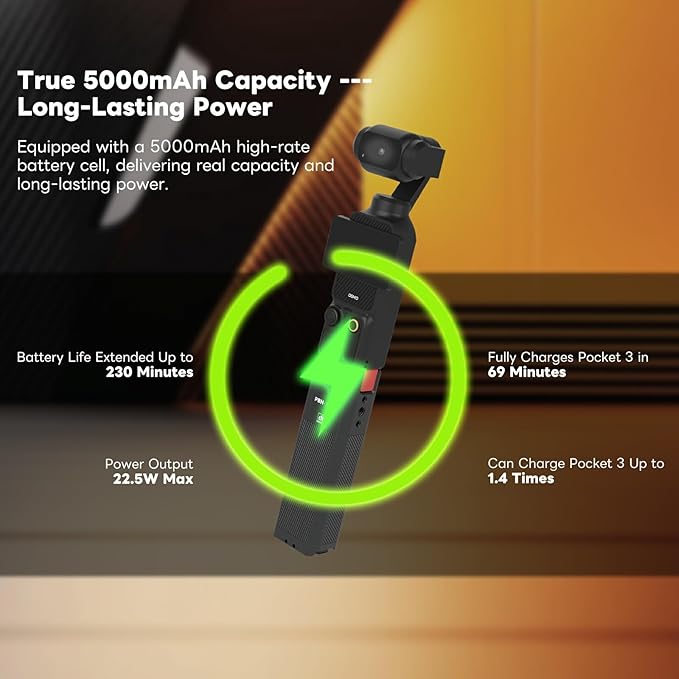 Metal Battery Charging Handle for DJI Osmo Pocket 3/Xtra Muse, Built-in 5000mAh Battery, 22.5W Fast Charging, with Mini Tripod Included
