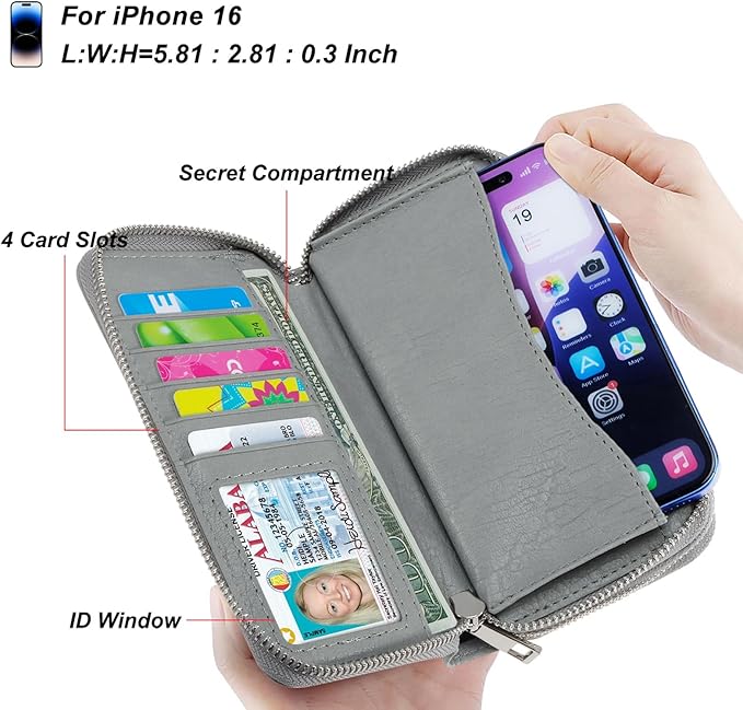 Cellphone Wallet for Women Dual Zipper Long Purse with Removable Wristlet
