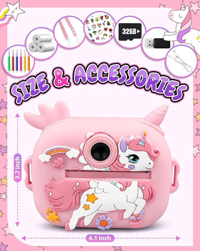 Kids Camera Instant Print, 1080P Kids Instant Cameras with Photo Printing and Fun Learning, Christmas Stuffers Birthday Gifts for Girls Age 3-12, Portable Toy for 3 4 5 6 7 8 9 10 Girls Boys, Pink