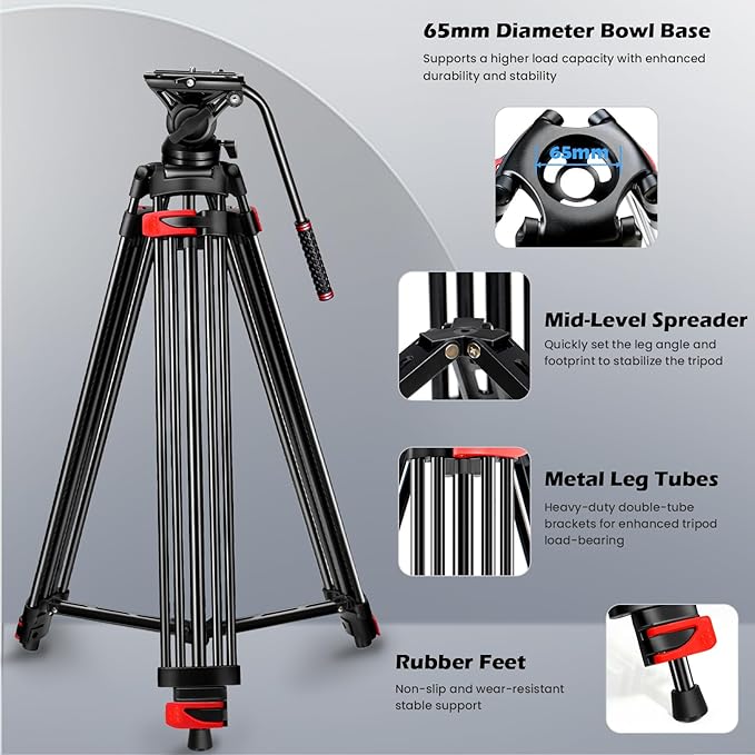 82" /210cm Video Tripod Heavy Duty Tripod with 360° Fluid Head,Mactrem Aluminum Tall Tripods Professional Compatible with Canon Nikon Sony DSLR Camera Camcorder Telescope Bnoculars (Load 33Lb)
