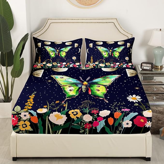 Erosebridal Death Moth Flat Sheet,Full for Women Men Boys Gothic Decor Sheet Sets,Kids Girls Moth Skull Fitted Sheet Spring Summer Floral Botancial Moon Print Bedding,Exotic Animal Moths Bed Sheet