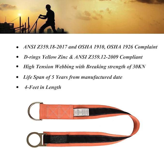 4-Foot Cross Arm Strap with Large and Standard D-Rings Pass Thru Safety Anchorage Connector ANSI Complaint Persoanl Fall Arrest System(PFAS)