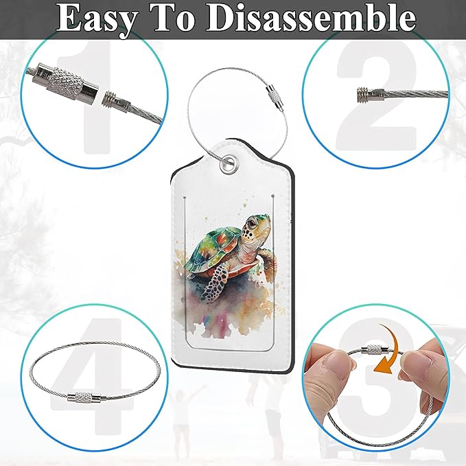Set of 2 Luggage Tags for Suitcases, Leather Watercolor Sea Turtle Baggage Tags with Stainless Steel Loop, Privacy Name ID Card Cover Travel Labels for Women Men Kids Girls