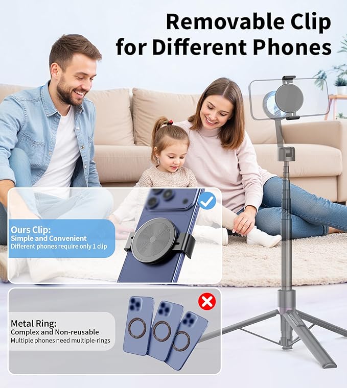TONEOF Phone Clamp for Magnet with Metal Ring,Phone Mount Adapter for Magsafe Car Phone Holder,Quick Installation & Easy Removal Clip for All Phones/Magnetic Tripod/Magnet Mounts (Black,1 Pack)