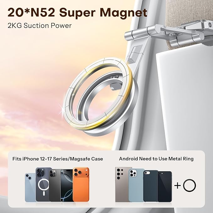 OMOTON 360°Rotating for MagSafe Tripod Mount, Adjustable Aluminum Magnetic Phone Tripod for iPhone 17/16/15/14 Pro Max Air, Foldable Cell Phone Stand Fits Vlog, Gym, Travel Essentials, Silver