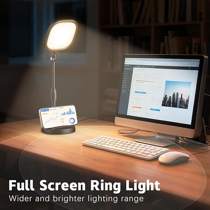 yAyusi Full Screen Desk Ring Light with Stand, Retractable Dual-Use Desktop/Clip On Ring Light for Computer Laptop, Portable Ring Lights for Phone, Dimmable Selfie LED Ring Lights for Video Recording