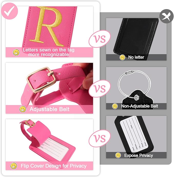 Personalized Initial Luggage Tags for Suitcases, Cute PU Leather Embroidered Letter Travel Luggage Tags, Suitcase Identifier Name Baggage Tag, Bag Tags for Men Women Kids Luggage Handbags(Rosered R)