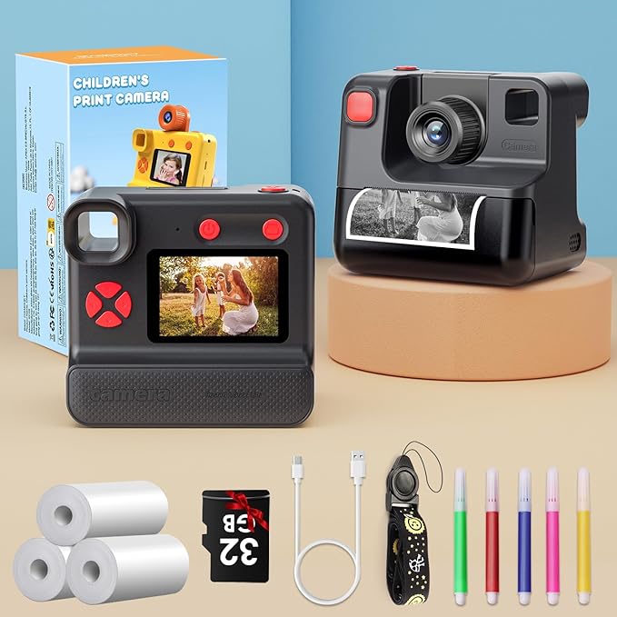 Instant Print Camera for Kids, 1080P Kids Instant Cameras,HD Digital Video Cameras Toddler 3 Print Paper & 32G Card,Christams Birthday Gifts for Girls Boys Age 3-12 (Black)