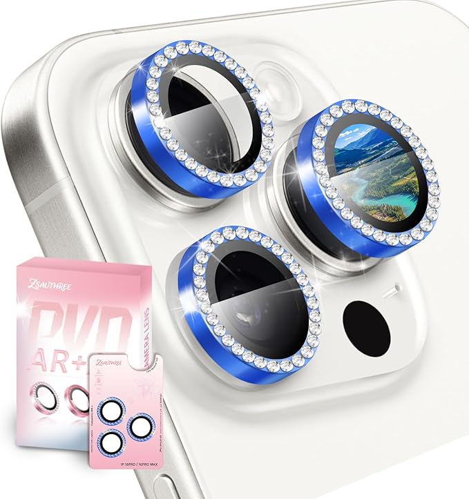 Camera Lens Protector Bling Compatible for iPhone 16 Pro/16 Pro Max,9H Tempered Glass,1Step Installation Tray,HD Clear/Military Grade Shatterproof/Scratch Resistant(Diamond Ocean Blue)