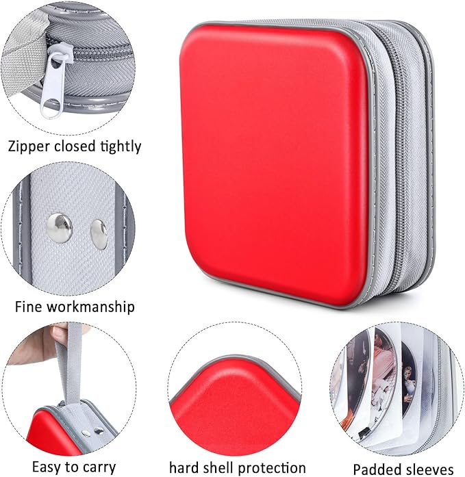 Bivisen DVD Case Wallet Holder Binder - 48 Capacity CD/DVD Cases Storage Holder Binder Organizer Wallet Book for Car, Home, Travel (Red)