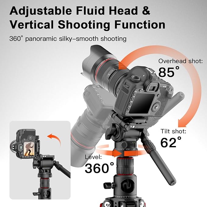 COMAN 72" Overhead Camera Tripod, Horizontal Video Tripod with Fluid Head QR Plate, Detachable Monopod, for DSLR Camera and Phone Camcorder Spotting Scope