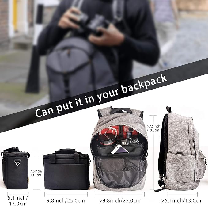 FOSOTO Padded Camera Case with Extra Rain Cover Compatible for Canon EOS Rebel T3i T5 T6 4000D SL2 Nikon B500 D3400 Panasonic Lumix FZ80 DSLR SLR Camera Lens (Black)