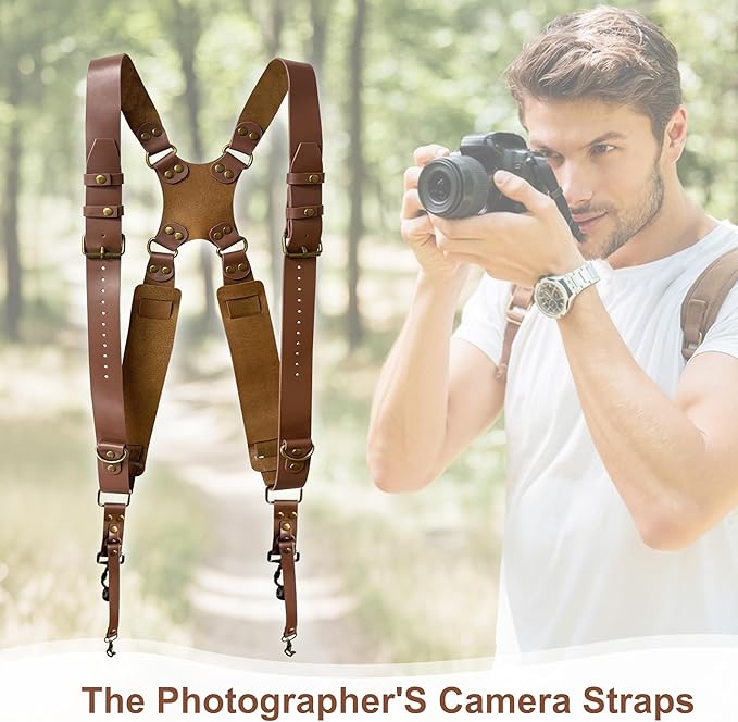 Double Camera Strap, Shoulder Camera Strap Harness Leather Dual Camera Strap for Two DSLR/SLR Cameras, Adjustable