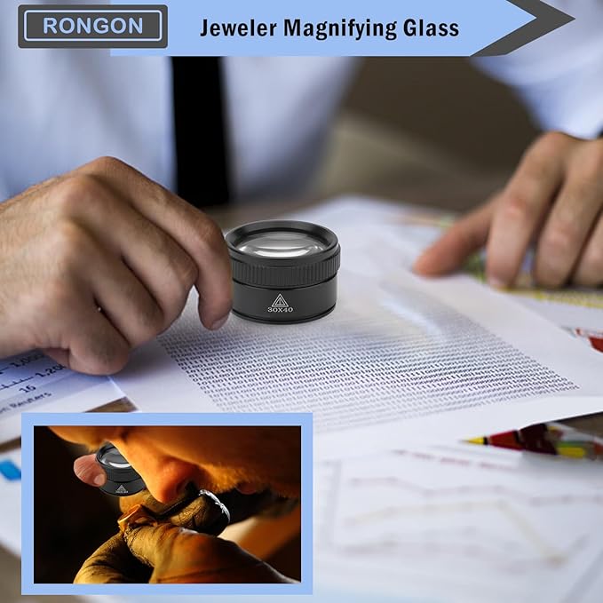 Rongon 30X Portable Pocket Reading Magnifier Optics Loupes Mini Desk Magnifier Loop Microscope Magnifying Glass Lens for Jeweler Stamps Maps Antiques Magazines Electronics (30X 40MM)