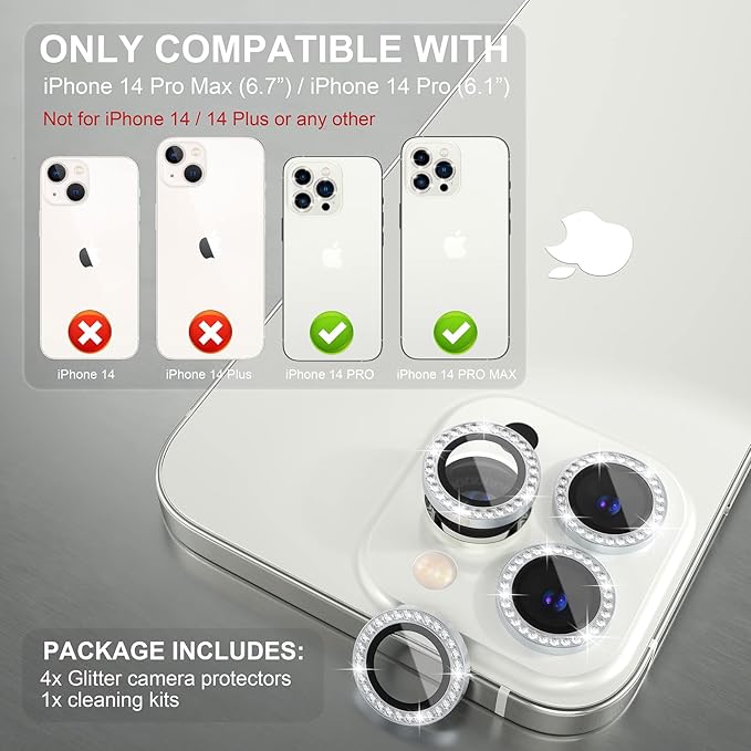 Choiche Compatible for iPhone 14 Pro/iPhone 14 Pro Max Camera Lens Protector Bling, 9H Tempered Glass Camera Cover Screen Protector Metal Ring Decoration Accessories (Diamond-Silver)