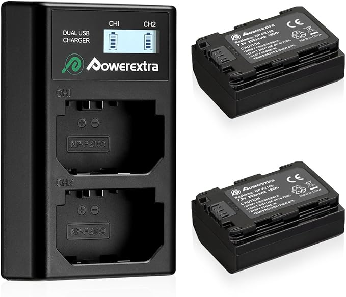 2-Pack NP-FZ100 Battery & Dual Slot Charger Kit for Sony A7III, A7IV, A7C, A6600, A6700, ZV-E1, ZV-E10ii, FX3, FX30, A9, Alpha 9, Alpha 9S, A9S, A7RIII, A7RV Camera Batteries