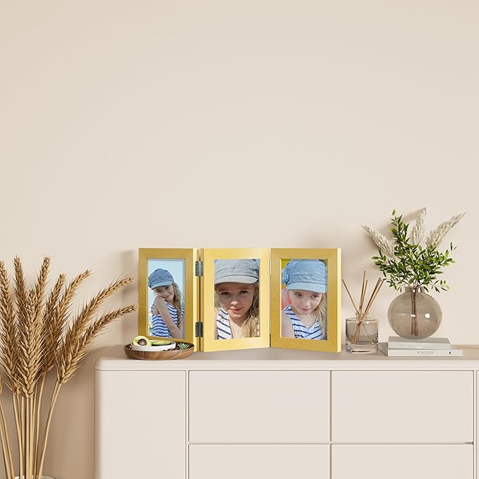 decorUhome Triple 5x7 Picture Frame Vertical, Engineered Wood Trifold Photo Frame with Plexiglass for Tabletop Display, 5x7, Gold