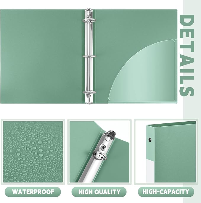 Henoyso 48 Pcs 3 Ring Binder 1/2'' Round Fits Letter Size 8.5'' x 11'' Paper Plastic Flexible Binder Holds 140 Sheets with 1 Pockets Versatile Organizer for Home Office School (Sage Green)