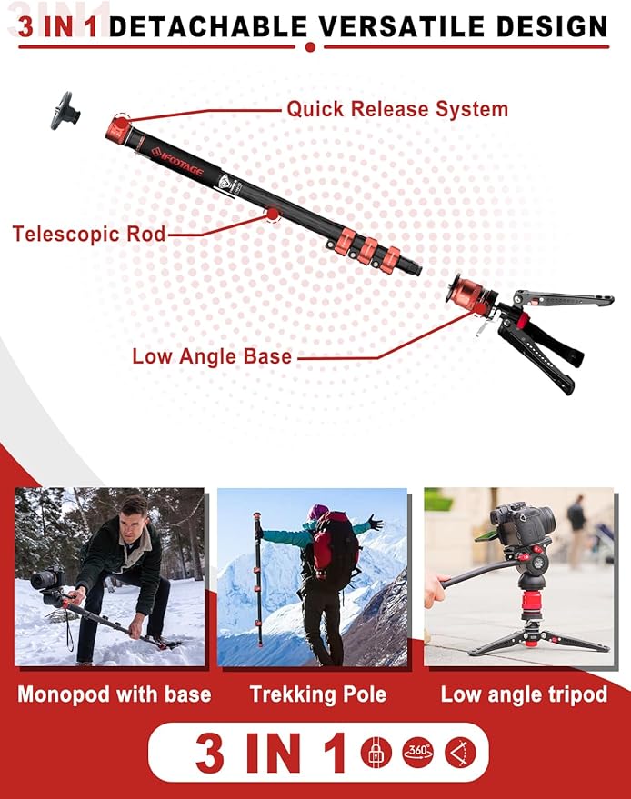 IFOOTAGE Monopod with Fluid Head Cobra 3 C180F-P + K5S, 71" Travel Monopod with Head Carbon Fiber Video Mono pod Kit for Cameras Canon Nikon Sony Olympus Panasonic DSLR Camera, Payload 17.64Lbs/8KG