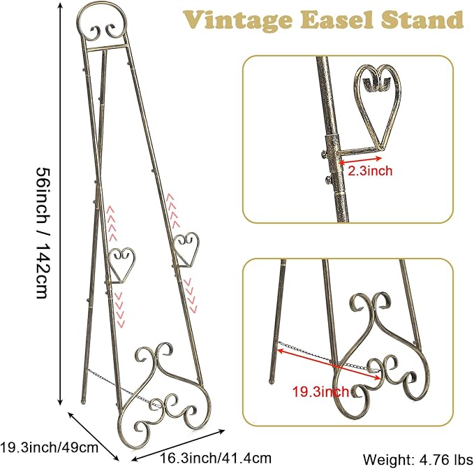 56" Extra Large Adjustable Vintage Floor Easel Stand with Chain Support, Heavy Duty Metal Foldable Display Easel for Wedding Signs Mirrors & Art