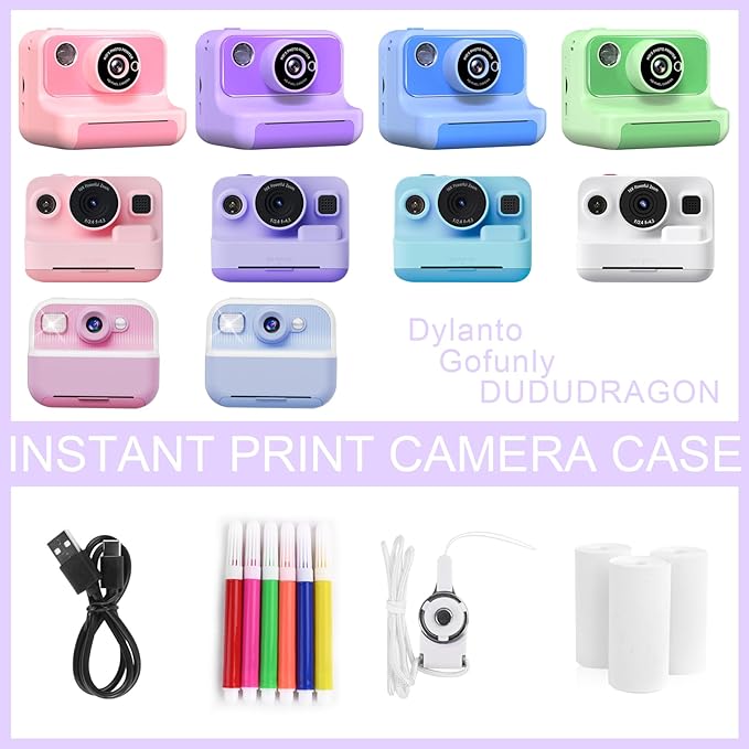 Kids Instant Print Camera Case Compatible with Dylanto/Gofunly/DUDUDRAGON/ESOXOFFORE Kids Camera, Prints Paper Water Color Pen Storage Case Birthday Gift
