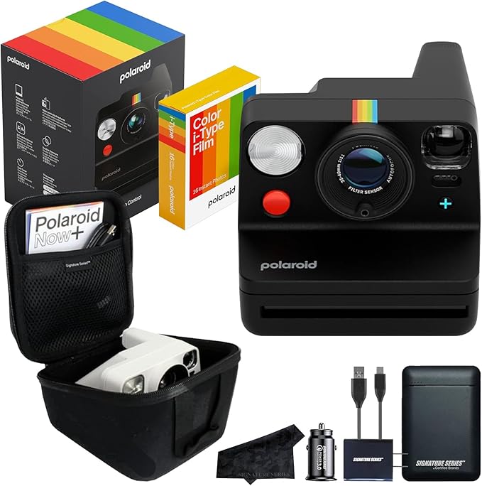 Polaroid Now+ 3rd Generation I-Type Instant Film Camera, Black - Bluetooth Connected App Controlled with 16 Color Film Photos, Signature Series EVA Hardcase Case and Power Bundle