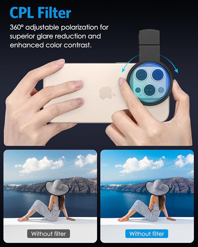 AMIR 52MM Clip-on CPL Phone Camera Lens Filter, Circular Polarizer Filter, Phone Lens Filter Kit Compatible with iPhone 17 16 15 14 13 12, Google Pixel and Other Android Smart Phones
