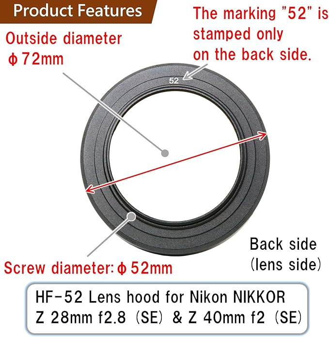F-Foto HF-52U 52mm Metal Screw-in Lens Hood — Anodized Aluminum, Threaded Inner Ring for 52mm Filters — Durable Protective Hood for Nikon Z 28mm/40mm & 52mm Lenses — Inspected in Japan,HF-52U