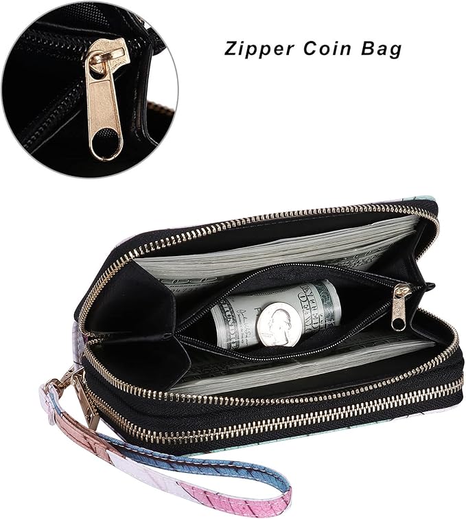 Cellphone Wallet for Women Dual Zipper Long Purse with Removable Wristlet