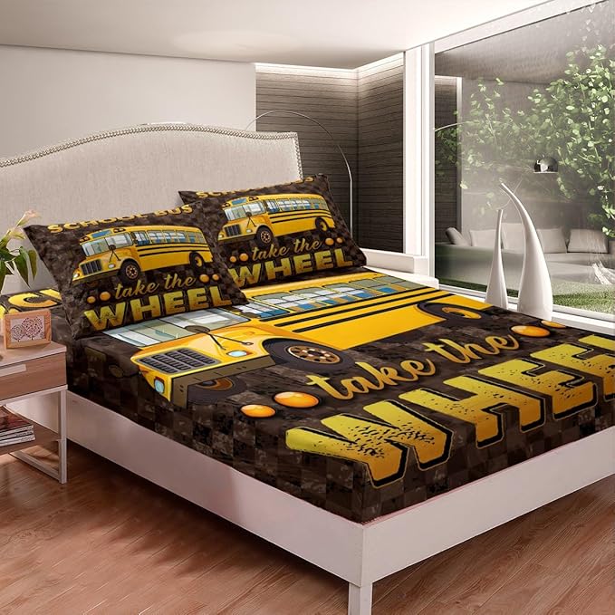 Erosebridal School Bus Sheet Set Queen for Boys Teens Grids Camouflage Flat Sheet Kids Girls Youth School Car Fitted Sheet Lattice Camo Design Soft Microfiber Bed Sheet Set with 2 Pillowcases