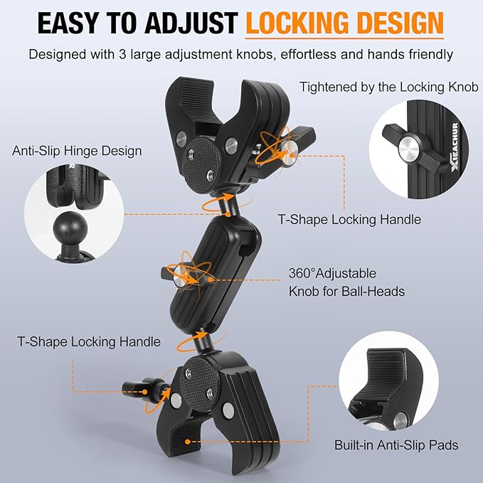 Super Clamp Double Camera Mount with 1/4 Inch Screw Adapter Clip Bracket Magic Arm Dual Ball Head for Motorcycle Chair Pole Tripod Light Stand Photo Boom Stand Cross Bars