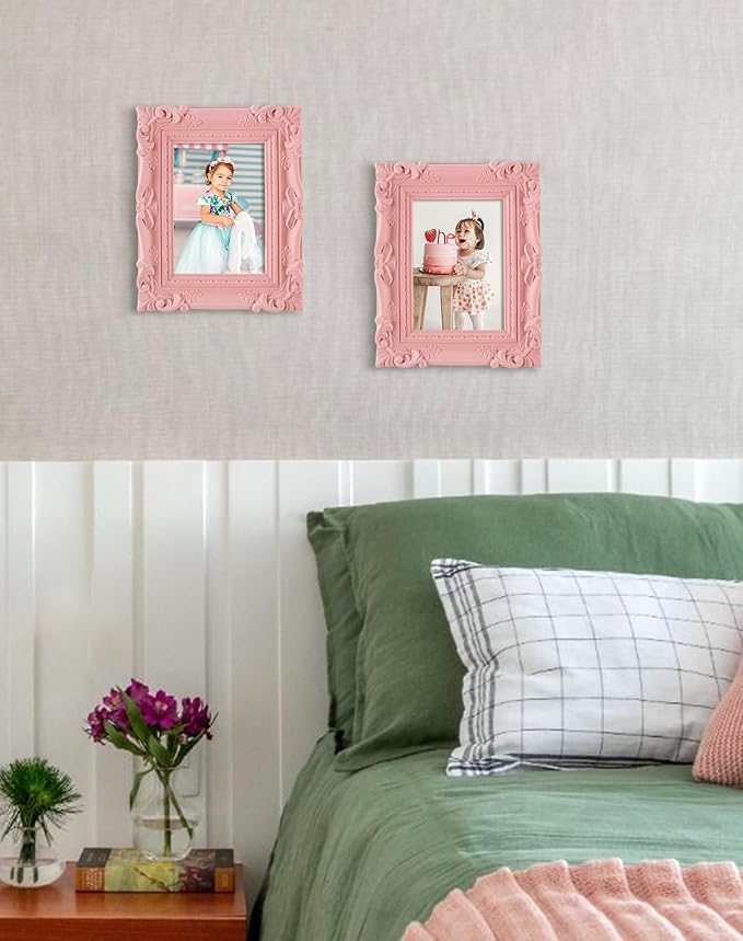 Pink Picture Frames 5x7 for Drawings Prints, Small Colorful Decorative Frame with Real Glass/Stand, Retro Ornate Memorial Frame Gift for Wedding Baby Shower Retirement (Light Pink)