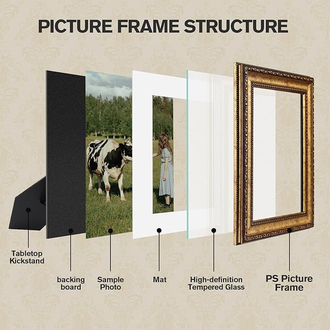 8x10 Gold Picture Frame, 2 Pack Ornate Vintage Picture Frames for Wall or Tabletop Display, 8x 10 Photo Frame Gold with Real Glass, Display Poster 5x7 with Mat or 8x10 without Mat for Antique Déco