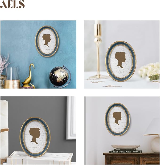 AELS 5x7 Inch Vintage Picture Frame, Elegant Antique Photo Frames with Glass Front, Photo Display, Tabletop Wall Hanging, Gift Ideas, Blue Oval with Gold Trim