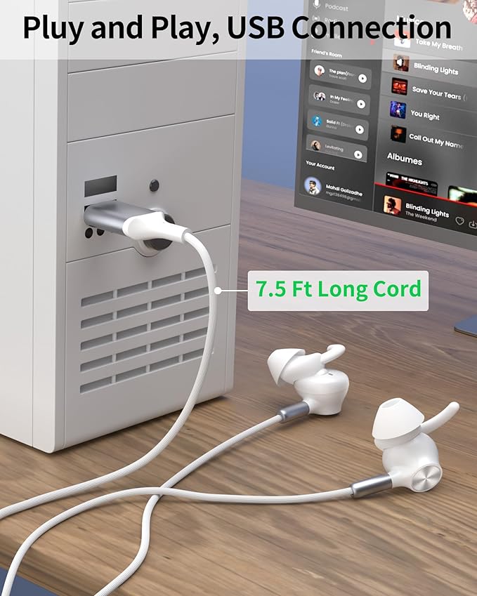 USB Earbuds with Microphone for PC,Wired USB Headphones with Mic& Earfins Hook for Computer Zoom Teams Office,7.5ft Long Noise Canceling Computer Headset for Dell/HP/Chromebook Laptop School,White