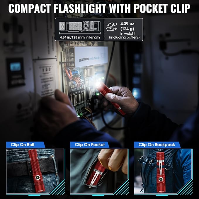 Banral Rechargeable Tactical Flashlights, High Lumens Small Mini USB-C LED Flashlight, Compact EDC Flash Light, 4 Modes&Memory Function, Waterproof Pocket Lights for Home,Camping,Emergency (1, Red)